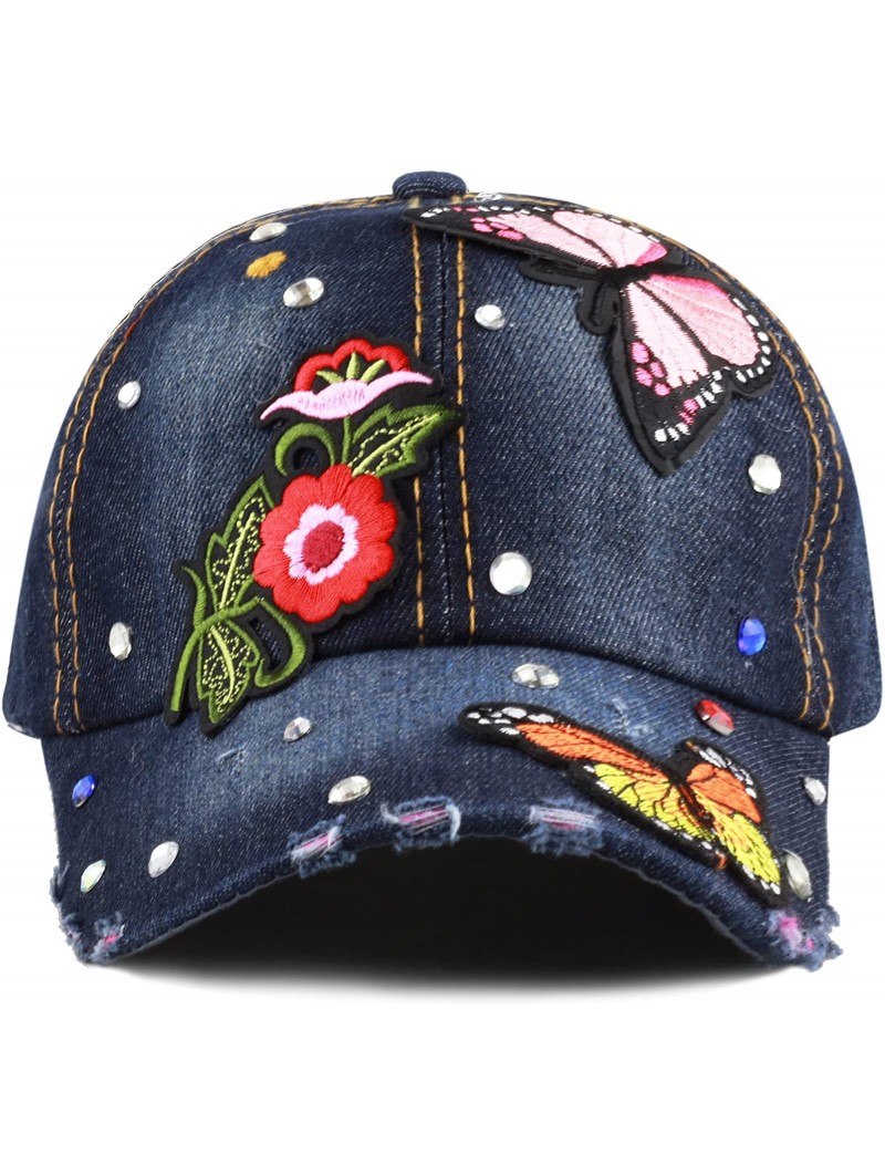 Baseball Caps 200 Bling Jewel Rhinestone Rose Patch Washed Denim Baseball Cap - 28. Butterfly Patch-4 - CN18RC5IDGT $15.95