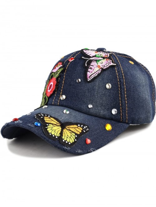 Baseball Caps 200 Bling Jewel Rhinestone Rose Patch Washed Denim Baseball Cap - 28. Butterfly Patch-4 - CN18RC5IDGT $15.95