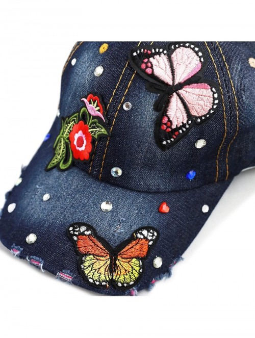 Baseball Caps 200 Bling Jewel Rhinestone Rose Patch Washed Denim Baseball Cap - 28. Butterfly Patch-4 - CN18RC5IDGT $15.95