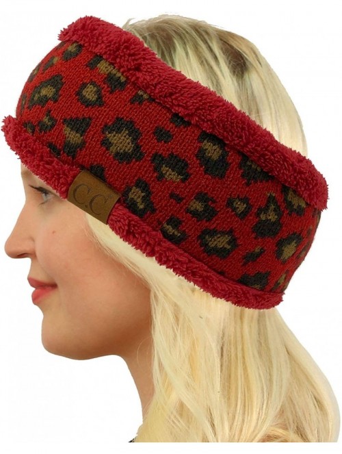 Cold Weather Headbands Winter CC Sherpa Polar Fleece Lined Thick Knit Headband Headwrap Hat Cap - Leopard Burgundy - C118A7ND...