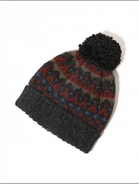 Skullies & Beanies Mens Winter Warm Rib Cable Pattern 10% Wool Pom Beanie Hat - Brick-red - CV18TQLWNG4 $12.17