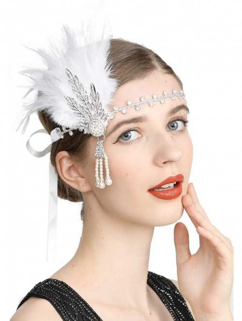 Headbands Art Deco 1920s Flapper Great Gatsby Leaf Wedding Bridal Tiara Pearl Headpiece Headband with Feather - White - CQ18G...