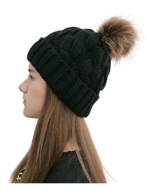 Skullies & Beanies Womens Winter Beanie Hat- Warm Fleece Lined Knitted Soft Ski Cuff Cap with Pom Pom - Black - CV18A6AZSAI $...