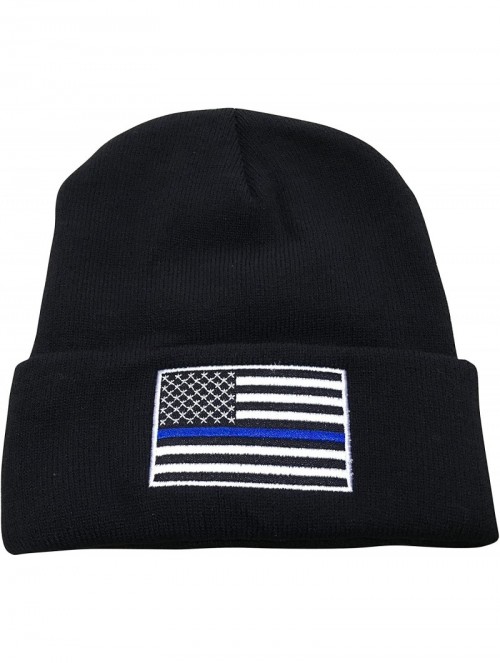 Skullies & Beanies Thin Blue Line USA Flag Knit Skull Cap Hat Beanie Support Police Law Enforcement - CL12N459LKV $16.21
