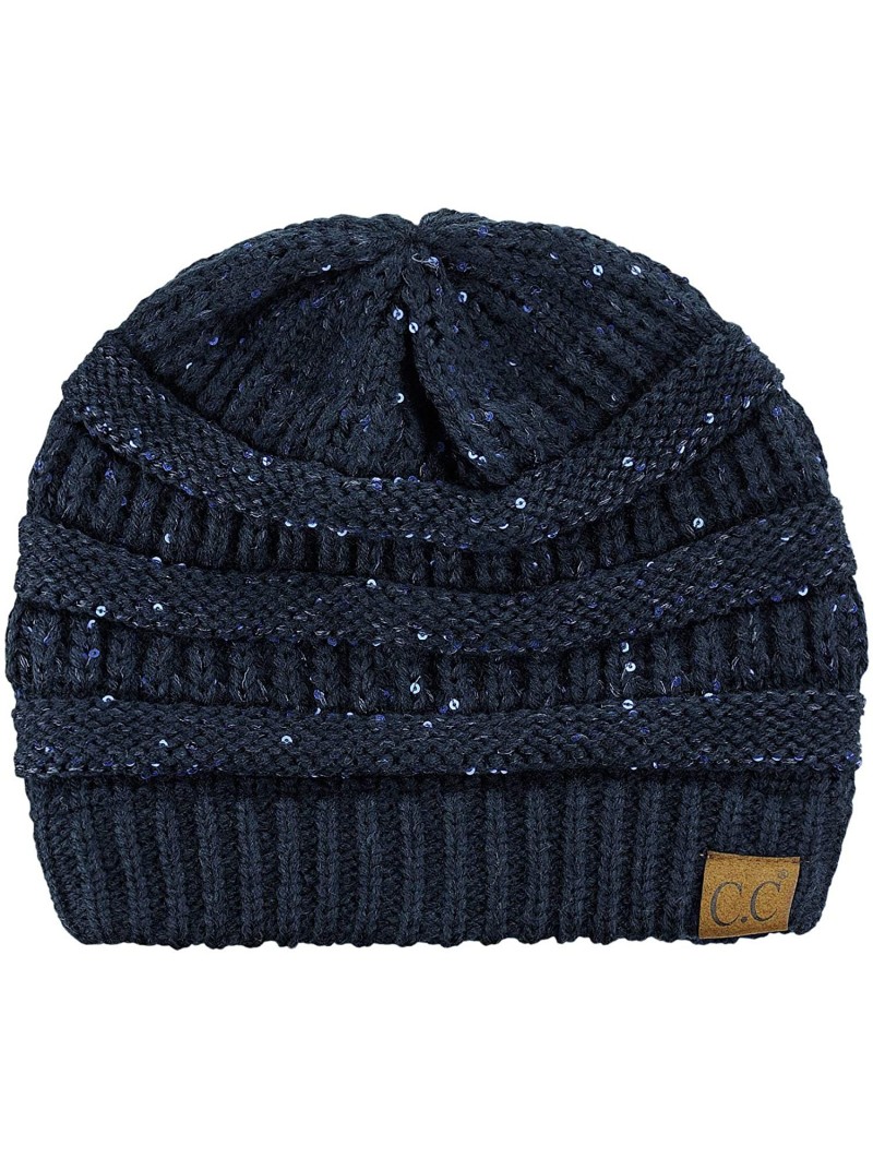 Skullies & Beanies Women's Sparkly Sequins Warm Soft Stretch Cable Knit Beanie Hat - Navy - CE18IQZHK4Z $21.81