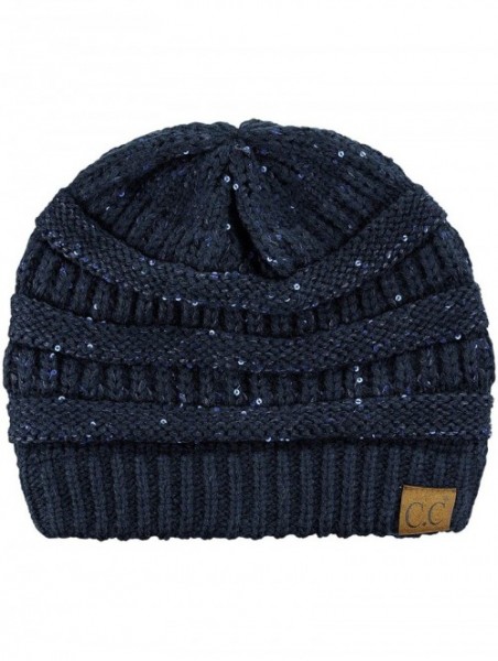 Skullies & Beanies Women's Sparkly Sequins Warm Soft Stretch Cable Knit Beanie Hat - Navy - CE18IQZHK4Z $21.81