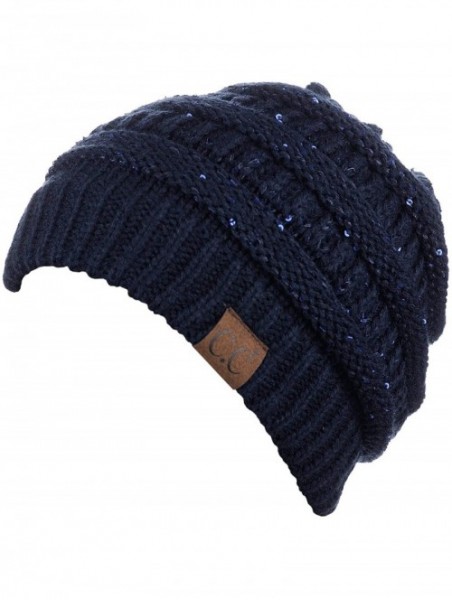 Skullies & Beanies Women's Sparkly Sequins Warm Soft Stretch Cable Knit Beanie Hat - Navy - CE18IQZHK4Z $21.81