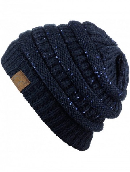 Skullies & Beanies Women's Sparkly Sequins Warm Soft Stretch Cable Knit Beanie Hat - Navy - CE18IQZHK4Z $21.81