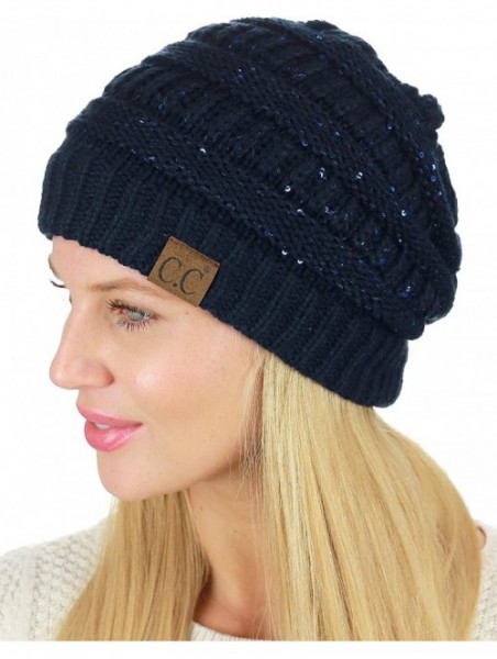 Skullies & Beanies Women's Sparkly Sequins Warm Soft Stretch Cable Knit Beanie Hat - Navy - CE18IQZHK4Z $21.81