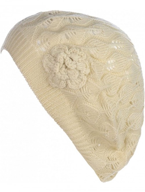 Berets Chic Parisian Style Soft Lightweight Crochet Cutout Knit Beret Beanie Hat - Cream Leafy - CE12MWW9T9A $11.60