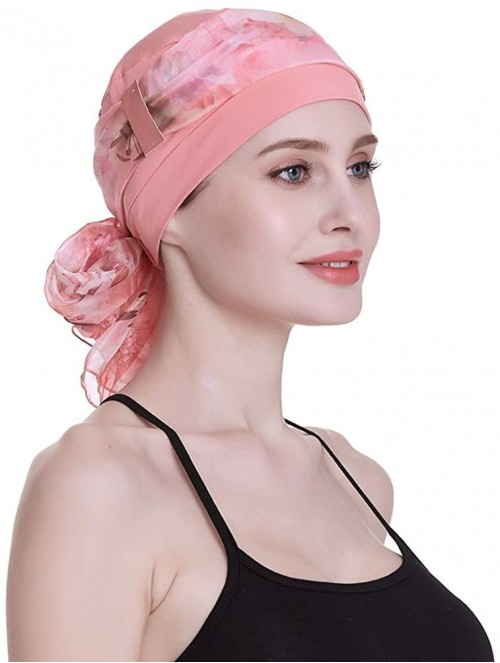 Headbands Elegant Chemo Cap With Silky Scarfs For Cancer Women Hair Loss Sleep Beanie - Coral - C218LXADAD4 $16.39