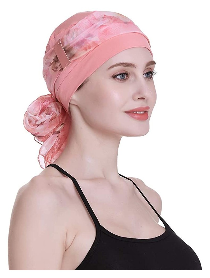 Headbands Elegant Chemo Cap With Silky Scarfs For Cancer Women Hair Loss Sleep Beanie - Coral - C218LXADAD4 $16.39