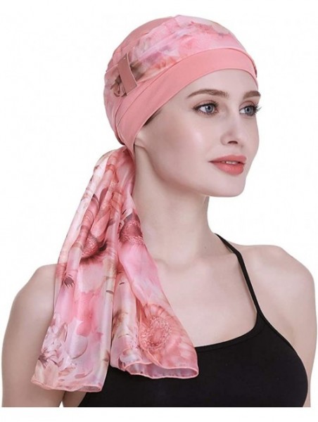 Headbands Elegant Chemo Cap With Silky Scarfs For Cancer Women Hair Loss Sleep Beanie - Coral - C218LXADAD4 $16.39