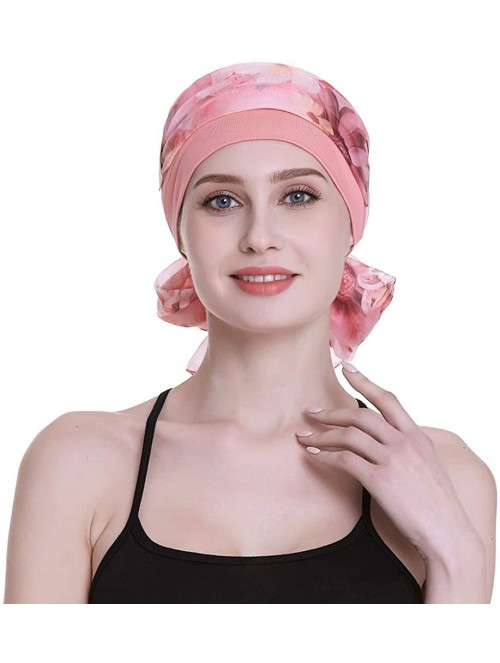 Headbands Elegant Chemo Cap With Silky Scarfs For Cancer Women Hair Loss Sleep Beanie - Coral - C218LXADAD4 $16.39