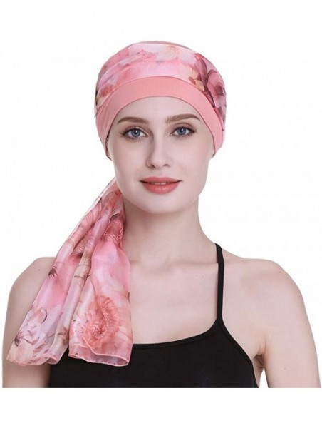 Headbands Elegant Chemo Cap With Silky Scarfs For Cancer Women Hair Loss Sleep Beanie - Coral - C218LXADAD4 $16.39