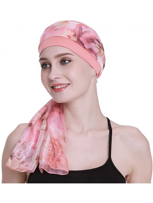 Headbands Elegant Chemo Cap With Silky Scarfs For Cancer Women Hair Loss Sleep Beanie - Coral - C218LXADAD4 $16.39