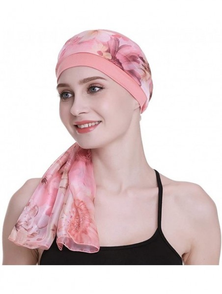 Headbands Elegant Chemo Cap With Silky Scarfs For Cancer Women Hair Loss Sleep Beanie - Coral - C218LXADAD4 $16.39