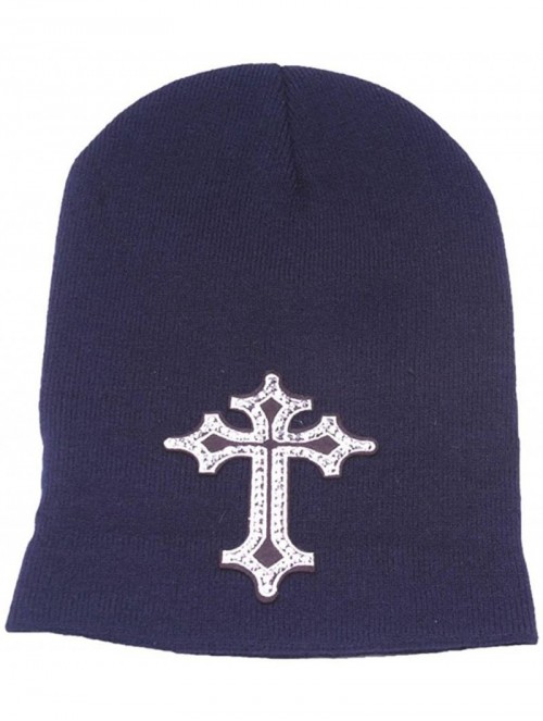 Skullies & Beanies Winter Cuffless Beanie w/Studded Cross - Navy - CV128DF6BE9 $12.23