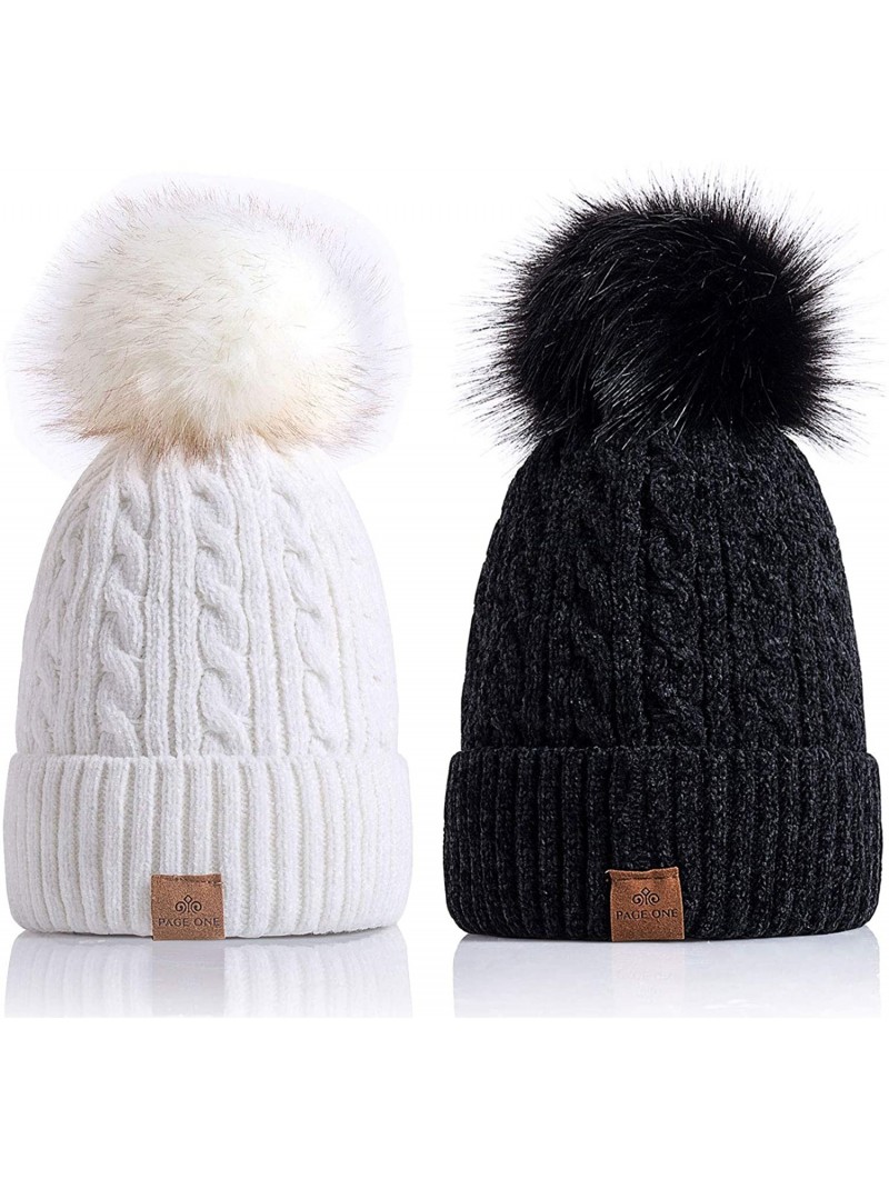 Skullies & Beanies Women Winter Pom Pom Beanie Hats Warm Fleece Lined-Chunky Trendy Cute Chenille Knit Twist Cap - 5-white+bl...