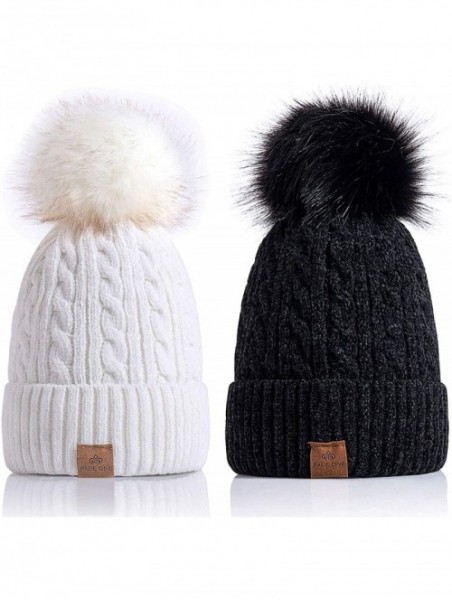 Skullies & Beanies Women Winter Pom Pom Beanie Hats Warm Fleece Lined-Chunky Trendy Cute Chenille Knit Twist Cap - 5-white+bl...