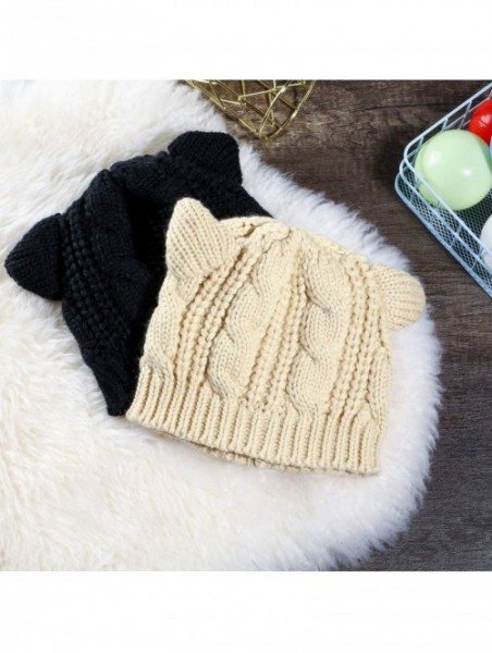 Skullies & Beanies Cat Ear Beanie Hat Cute Cat Knitted Hat Winter Knit Cable Hat for Women Girls (Black and Beige- 2) - CN193...