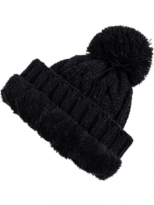 Skullies & Beanies Women Winter Knit Hat Warm Fleece Lined Pom Pom Beanie Hat - 1-black - C618ZD339GU $13.84