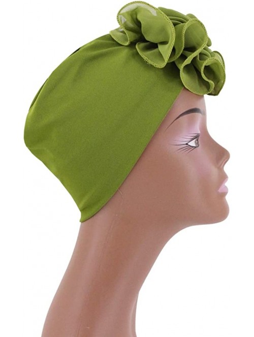 Sun Hats Shiny Metallic Turban Cap Indian Pleated Headwrap Swami Hat Chemo Cap for Women - Army Green African Flower - C218A4...