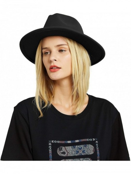 Fedoras Womens Felt Fedora Hat- Wide Brim Panama Cowboy Hat Floppy Sun Hat for Beach Church - Black 6 - CL18ZLEXUXZ $18.51