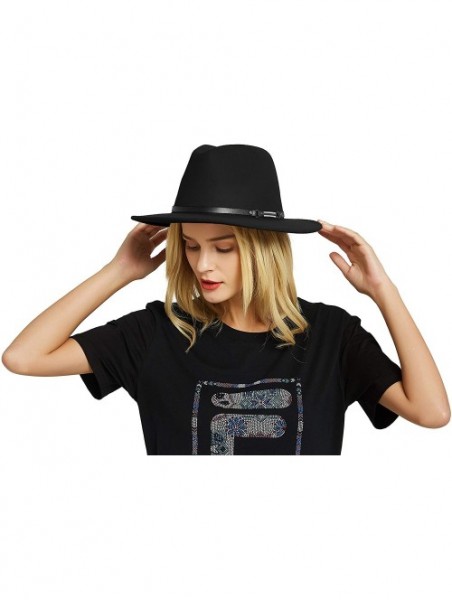 Fedoras Womens Felt Fedora Hat- Wide Brim Panama Cowboy Hat Floppy Sun Hat for Beach Church - Black 6 - CL18ZLEXUXZ $18.51