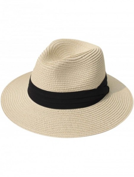 Sun Hats Women Straw Panama Hat Fedora Beach Sun Hat Wide Brim Straw Roll up Hat UPF 30+ - Fedora Beige - CB18NEDCQRZ $24.91