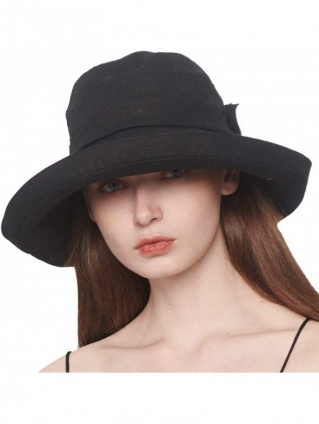 Sun Hats Women's UPF 50+ Foldable Linen Hat Big Brim with Big Bowknot - Black - C6185I37GM7 $18.73