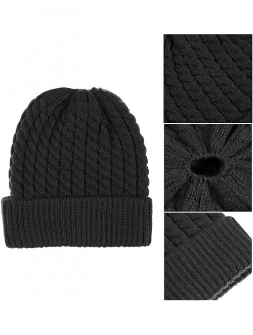 Skullies & Beanies Womens Ponytail Messy Bun Beanie Winter Warm Stretchy Cable Knit Cuffed Beanie Hat Cap - Black - CU18ZZSA2...