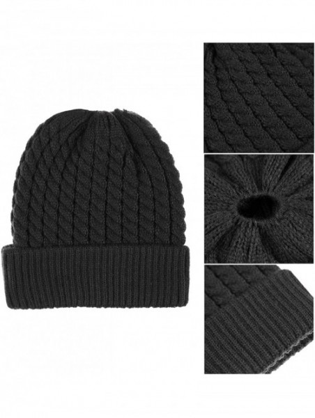 Skullies & Beanies Womens Ponytail Messy Bun Beanie Winter Warm Stretchy Cable Knit Cuffed Beanie Hat Cap - Black - CU18ZZSA2...