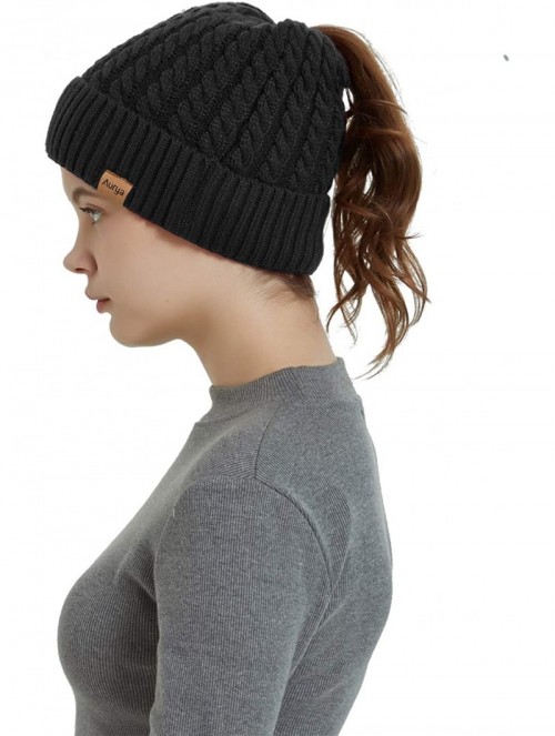 Skullies & Beanies Womens Ponytail Messy Bun Beanie Winter Warm Stretchy Cable Knit Cuffed Beanie Hat Cap - Black - CU18ZZSA2...