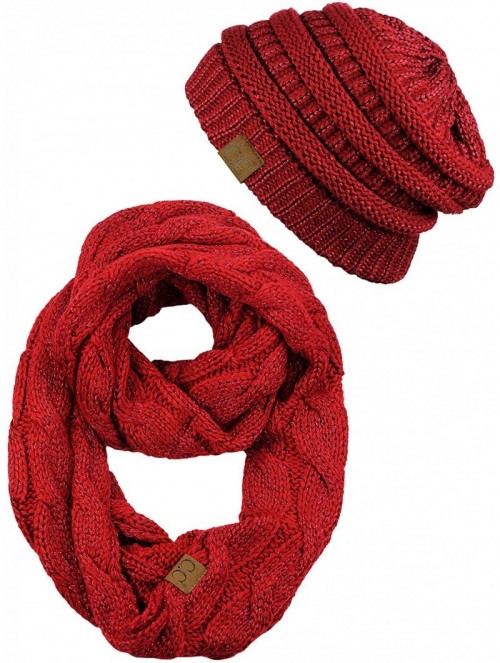 Skullies & Beanies Unisex Soft Stretch Chunky Cable Knit Beanie and Infinity Loop Scarf Set - Red Metallic - CK18KIUYNS0 $26.03