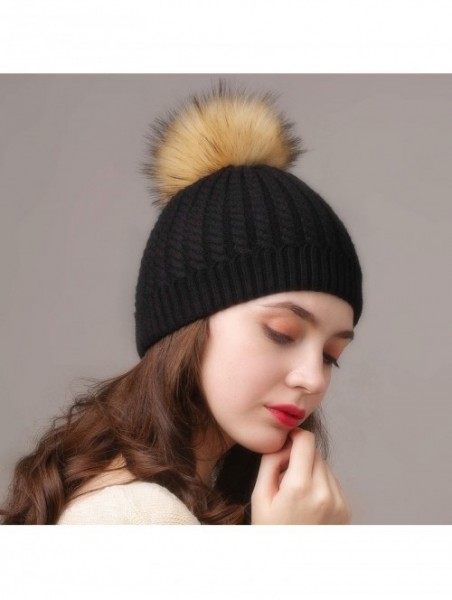 Skullies & Beanies Winter Beanie for Women Warm Knit Bobble Skull Cap Big Fur Pom Pom Hats for Women - 14 Dark Blue With Blue...