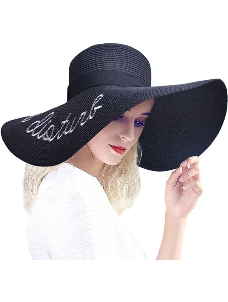 Sun Hats Womens Embroidery Floppy Bucket Summer Kentucky Derby Sun Hat Lettering Straw Hat - Black - CS17YZN5TQK $17.58