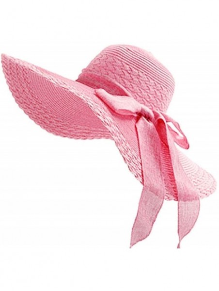 Sun Hats Womens Sun Straw Hat Foldable Large Wide Brim Travel Beach Bow Bucket Cord Visor Cap - Pink - CY17YLD4GTQ $17.98