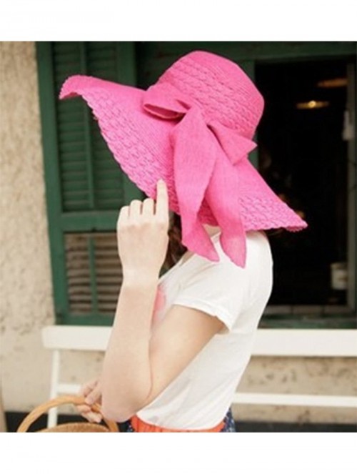 Sun Hats Womens Sun Straw Hat Foldable Large Wide Brim Travel Beach Bow Bucket Cord Visor Cap - Pink - CY17YLD4GTQ $17.98