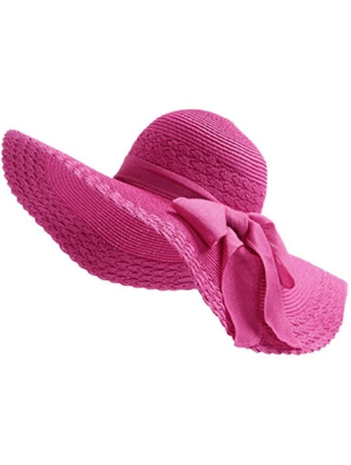 Sun Hats Womens Sun Straw Hat Foldable Large Wide Brim Travel Beach Bow Bucket Cord Visor Cap - Pink - CY17YLD4GTQ $17.98