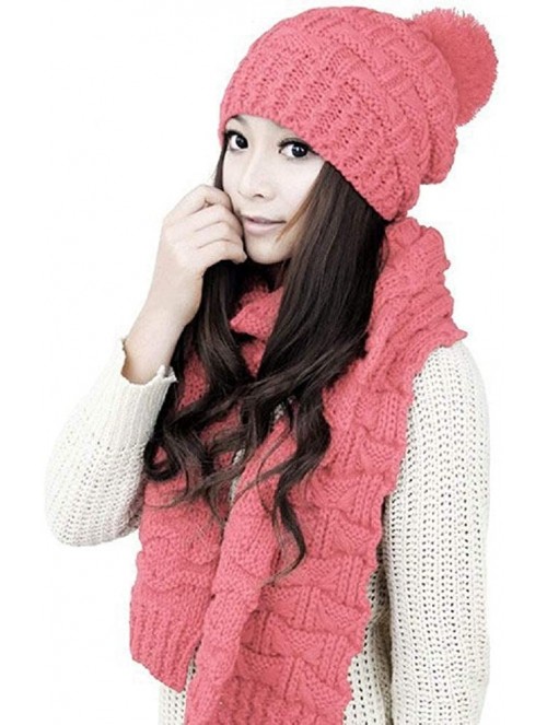 Skullies & Beanies Women Girls Winter Warm Fashion Knitted Hat Beanie Scarf Set - Pink - C318ILR02M8 $20.71