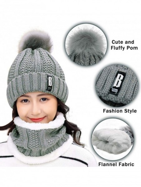 Skullies & Beanies Womens Knit Scarf Beanie Hat 2PCS Set Fleece Lined Pom Skull Cap Scarves Soft Warm Winter Gift Set - Gray ...