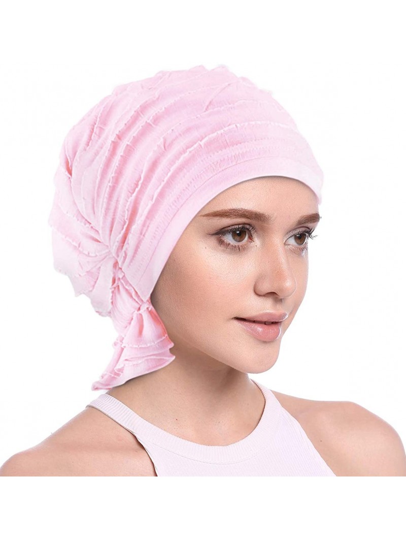 Skullies & Beanies Women Ruffle Chemo Headwear Slip-on Cancer Scarf Stretch Cap Turban for Hair Loss - Basic-pink 1 Pair - CS...