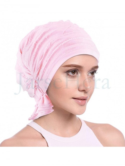 Skullies & Beanies Women Ruffle Chemo Headwear Slip-on Cancer Scarf Stretch Cap Turban for Hair Loss - Basic-pink 1 Pair - CS...