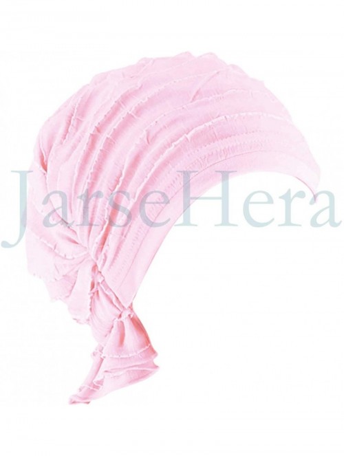 Skullies & Beanies Women Ruffle Chemo Headwear Slip-on Cancer Scarf Stretch Cap Turban for Hair Loss - Basic-pink 1 Pair - CS...