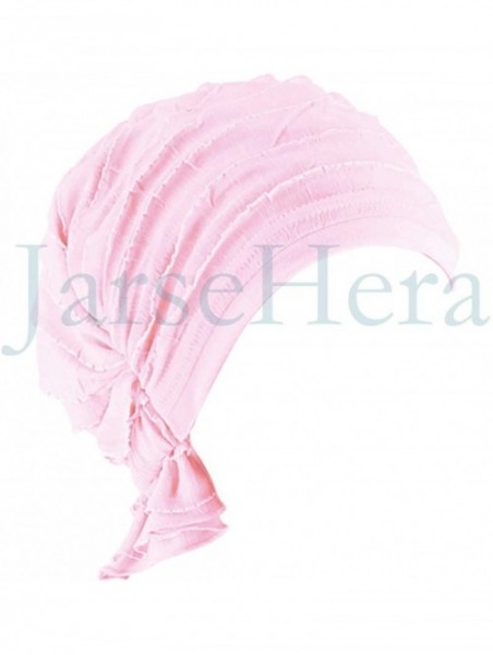 Skullies & Beanies Women Ruffle Chemo Headwear Slip-on Cancer Scarf Stretch Cap Turban for Hair Loss - Basic-pink 1 Pair - CS...