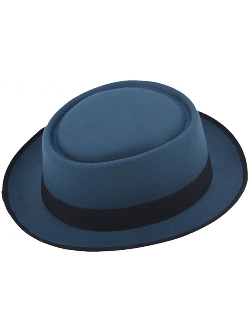 Fedoras Vintage Hard Felt Wool Pork Pie Hat Flat Top Rocker Fedora Cap - Sapphire? - CW11Z3QJCJD $22.51