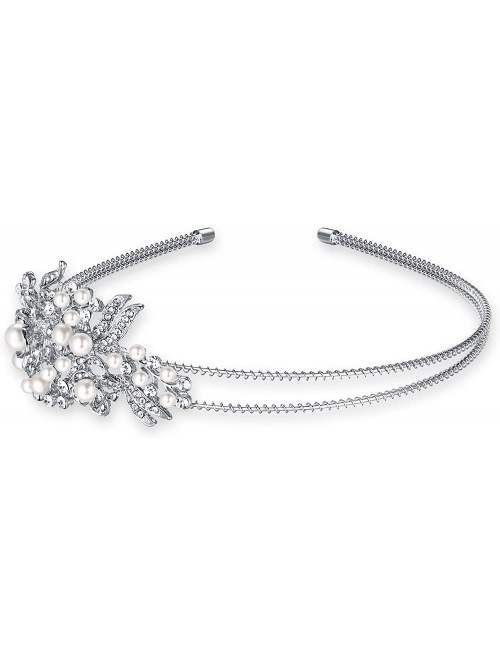 Headbands Austrian Crystal Cream Simulated Pearl Flower Leaf Hair Head Band Silver-Tone - Clear - CH11QR6GUDJ $22.16