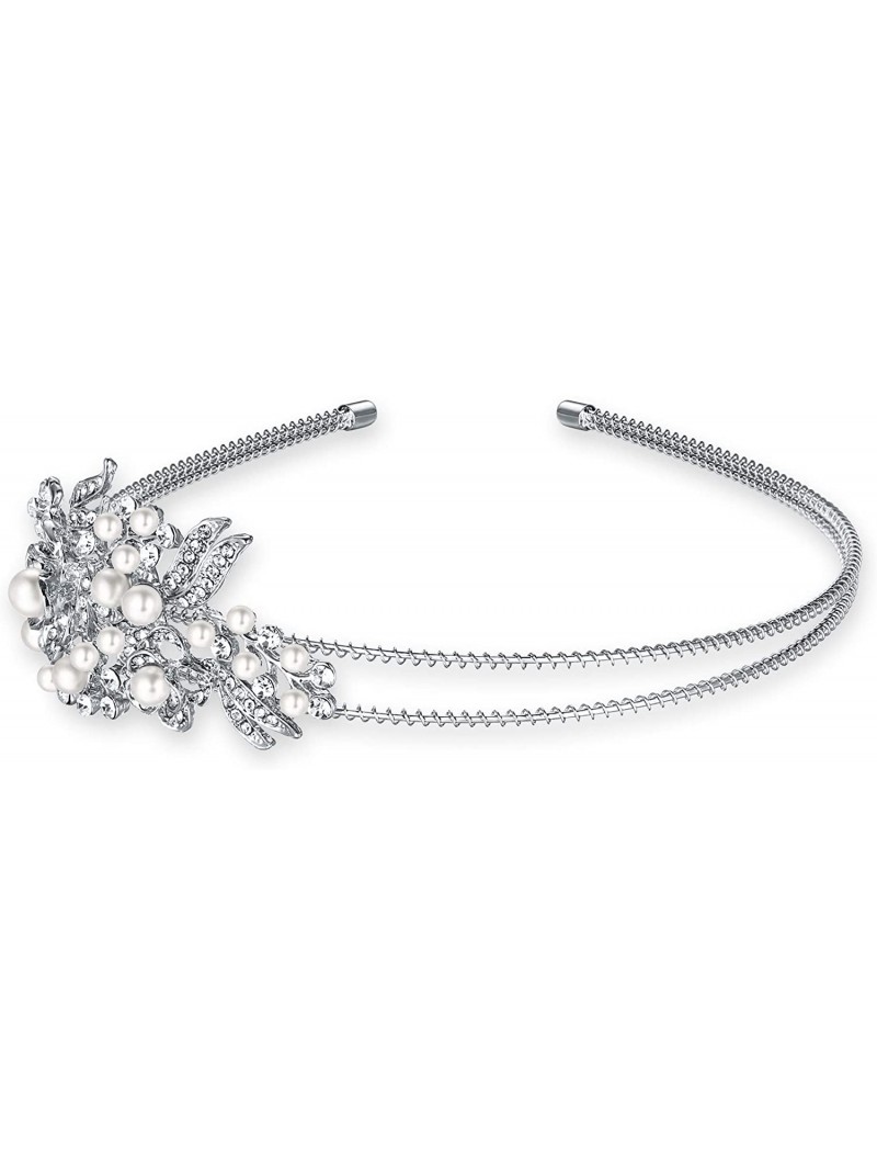 Headbands Austrian Crystal Cream Simulated Pearl Flower Leaf Hair Head Band Silver-Tone - Clear - CH11QR6GUDJ $22.16