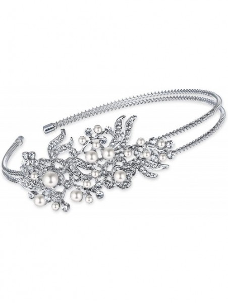 Headbands Austrian Crystal Cream Simulated Pearl Flower Leaf Hair Head Band Silver-Tone - Clear - CH11QR6GUDJ $22.16